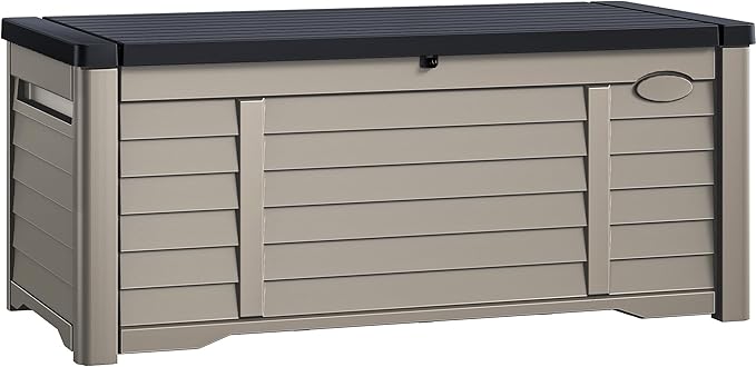 DWVO Outdoor Louver Storage Deck Box w/120 Gallon Capacity, Large Storage Box for Outdoor Pillows, Garden Tools and Pool Supplies, Resin, Waterproof, Lockable (Black & Brown)