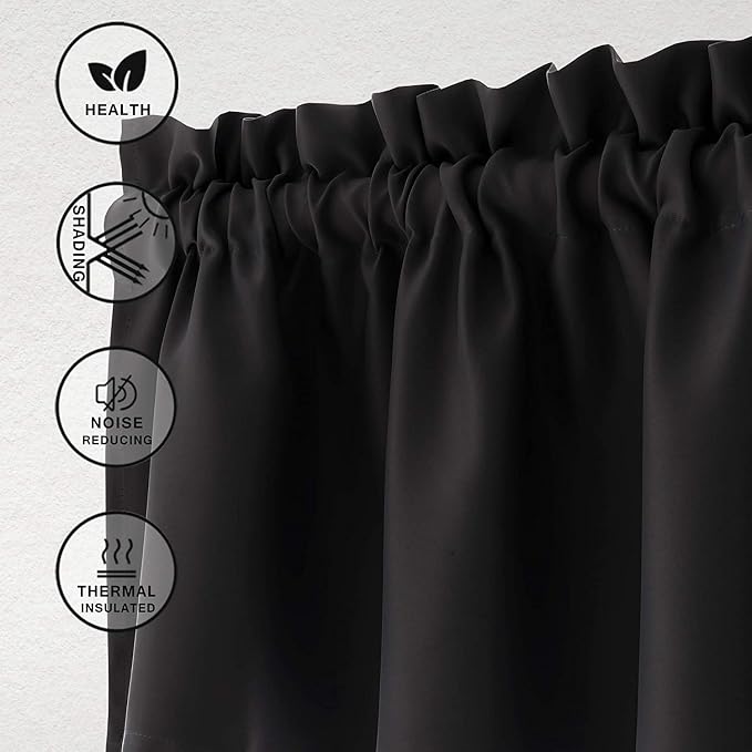 Hiasan Black Valance Curtains Blackout Rod Pocket Window Curtain Valances for Kitchen, 42 x 18 Inches Length, 1 Panel