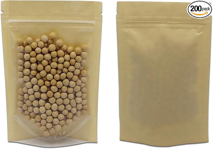 PABCK Clear Front Stand Up Kraft Paper Bags Resealable 3.9x5.9inch 200 Pcs | Stand Up Brown Paper Window Bag Zipper Lock Food Storage Bag for Coffee Snack Nuts Spice Seeds Crafts Packaging Heat Sealable