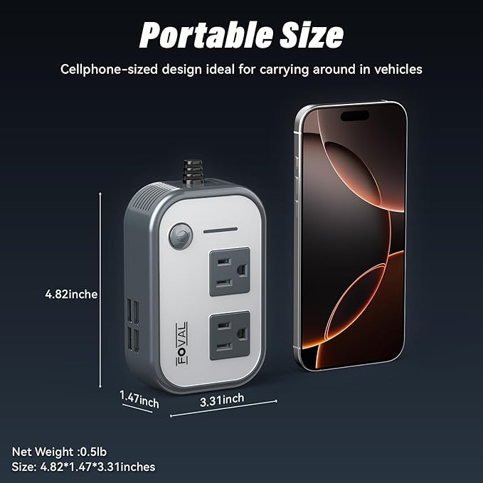 200W Car Power Inverter, FOVAL 12V DC to 110V AC Car Inverte with 4 USB Ports Car Outlet Adapter, Power Inverter for Vehicles, Car Plug Adapter Outlet for Laptop Computer Charger (Gray)