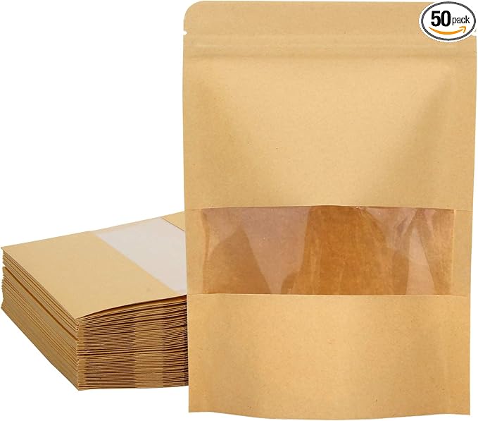 50 Pack Kraft Paper Resealable Bags with Clear Window (5.5 X 7.9 Inches) | Heat Sealable Stand Up Pouch Bags with Tear Notches for Small Business, Spices, Granola Storage