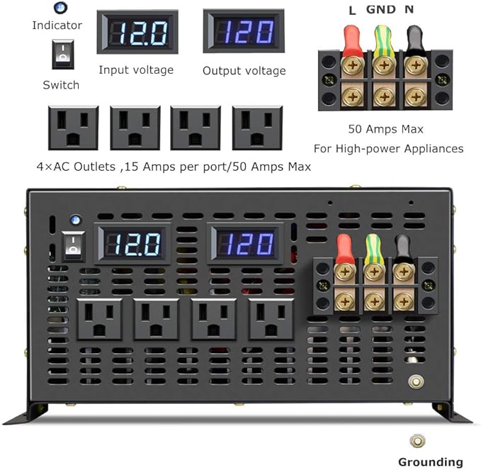 WZRELB Pure Sine Wave 6000W (10000W Surge) 12VDC 120VAC Power Inverter - Solar, RV (RBP-600012S)