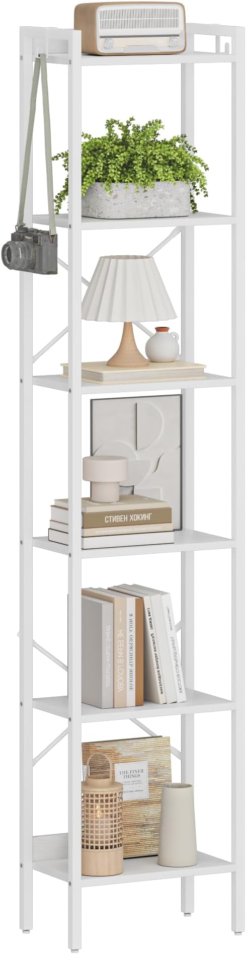 Bookshelf, Book Shelf, Industrial Bookcase with 2 Hooks, Coner Shelf Storage Organizer for Home Office, Living Room, Bedroom, Kitchen, 6-Tier White BC10713W