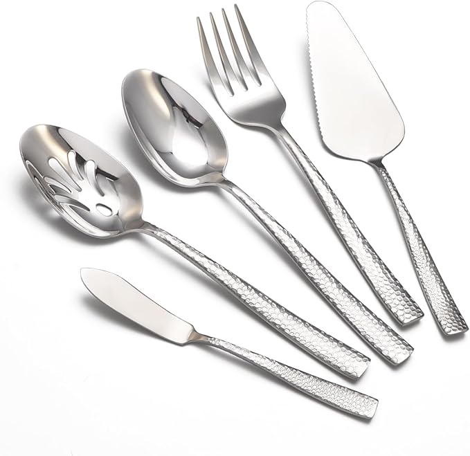 Large Hostess Serving Utensils Set, Stainless Steel Heavy Duty Hammered Serving spoons, Slotted Spoons, Serving Fork, Cake Server, Butter Knife, Dishwasher Safe(Silver)