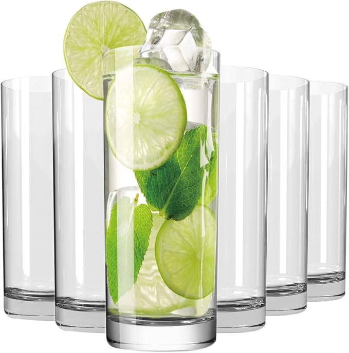 Drinking Glasses Set of 6, 16oz Crystal Highball Glasses, Clear Tall Glass Cups,Water Glass for Kitchen,Tom Collins,Juice,Whiskey,Mojito Cocktail Glasses for Bar Glassware,Gifts for Christmas