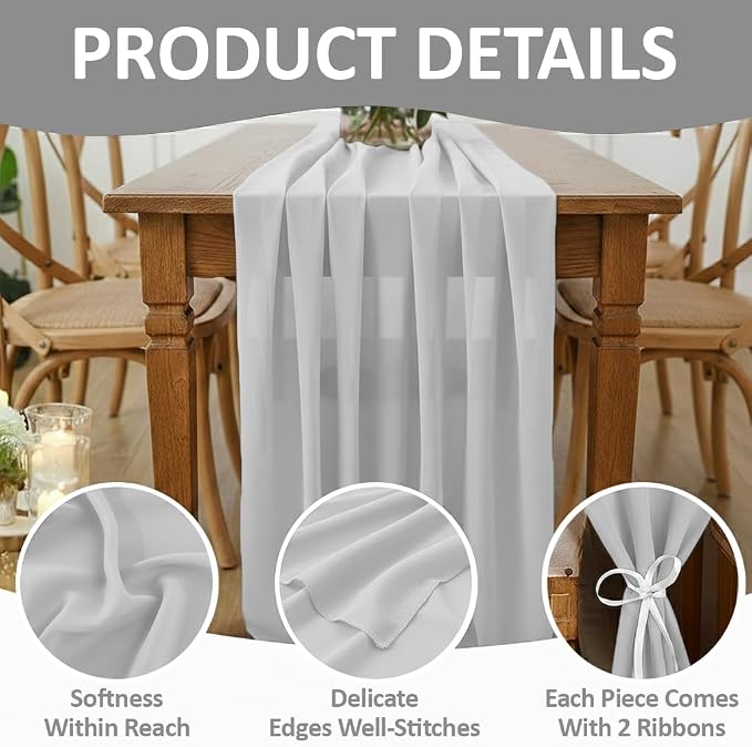 Pack of 15 | Grey | 10ft Chiffon Table Runner 29x120 Inches Long Romantic Rustic Sheer Gauze Runner for Wedding Bridal Shower Birthday Banquets Engagement Spring Easter Boho Decorations