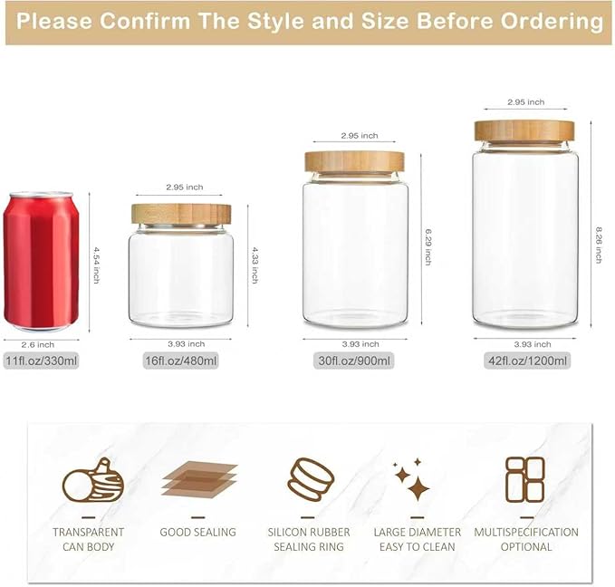 900ML/30Oz Clear Cute Glass Storage Canister Holder with Airtight Bamboo Lid, Modern Decorative Medium Container Jar for Coffee, Spice, Candy, Salt, Cookie, Condiment, Pepper, Sugar