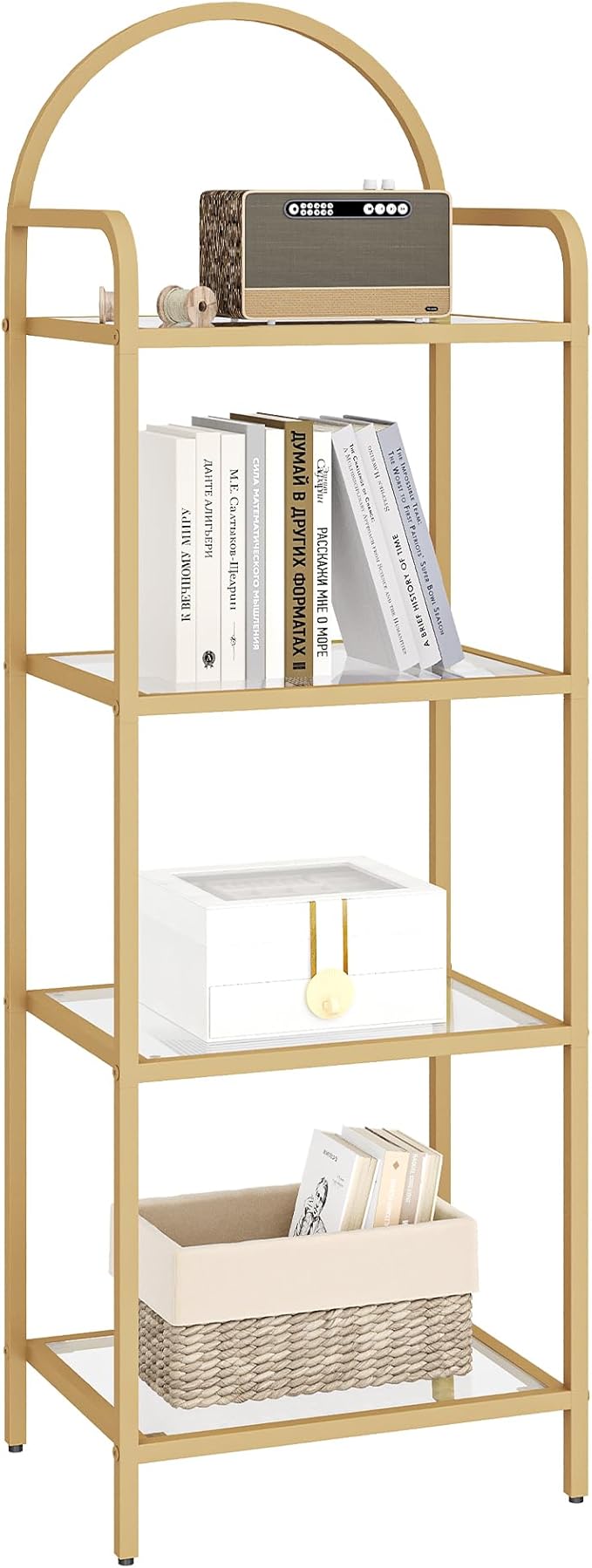 Bookcase Bookshelf, Tempered Glass Bookshelves, Slim Shelving Unit for Bedroom, Bathroom, Home Office, Steel Frame, 4 Tier Gold BC04001G