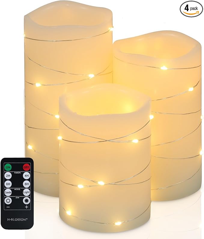 H-BLOSSOM Flickering Flameless Candles Ivory Real Wax Pillar with Embedded String Lights LED Candles Battery Operated with Cycling 5H Timer Set of 3 (3" x 4"/5"/6") (Ivory)