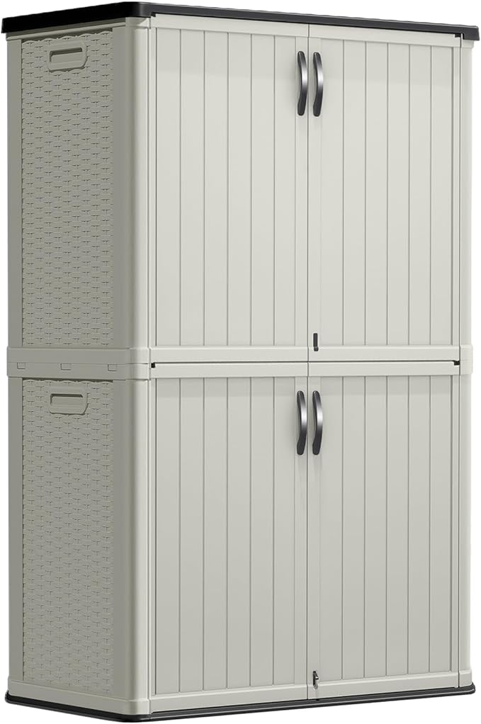 Greesum Outdoor Storage Shed Without Divider, 45 cu.ft Outdoor Waterproof Storage Cabinet for Garden Tools, Pool Storage, Garbage Cans, Beige