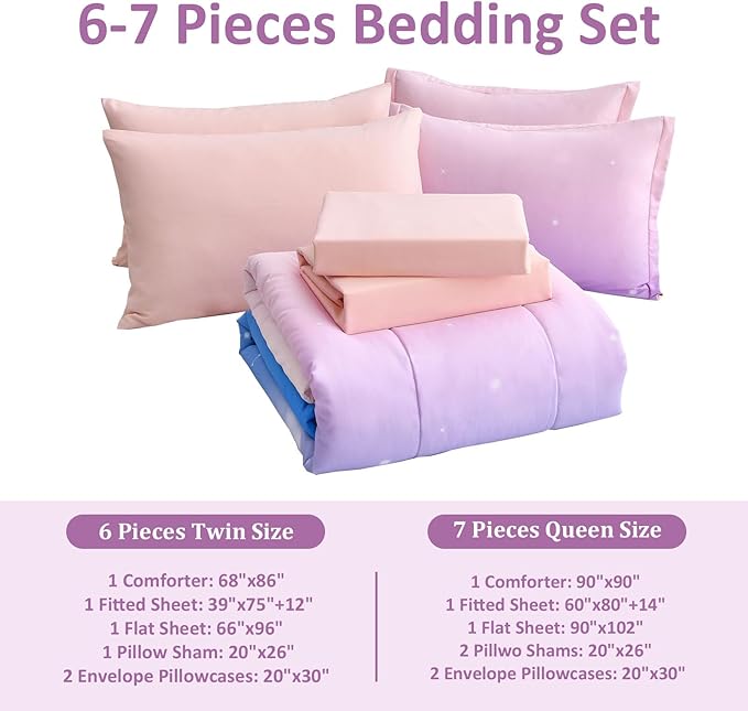 Dinjoy Girls Comforter Set Twin XL Size Colorful Rainbow Ombre Pink Blue Bedding Set Gradient 6 Pieces Bed in A Bag for Kids Teen Girl Women(1 Comforter, 1 Flat Sheet, 1 Fitted Sheet)