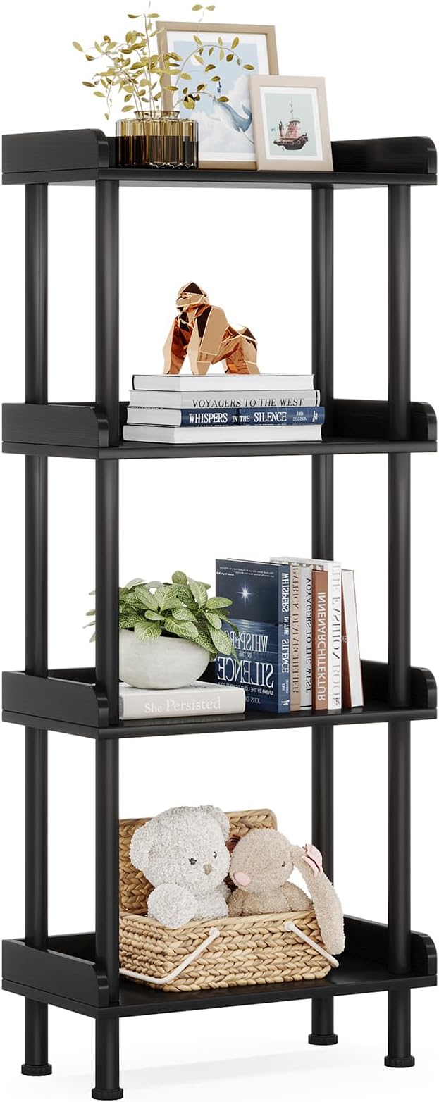 Bookcase Bookshelf, Small Bookshelf for Small Spaces, Wooden Book Shelf Small Bookcase for Living Room Bedroom, Rustic Etagere Bookshelves Bookcases Storage Organizer, 4-Tier Black