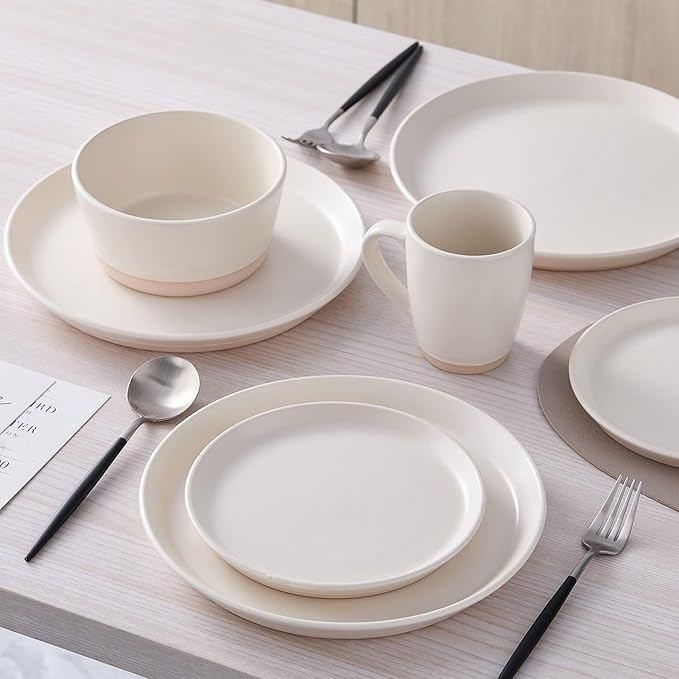 Stone Lain Jules Stoneware Dinnerware, Plates and Bowls, Dish Set for 4, Off White, Microwave & Dishwasher Safe, 16-Piece