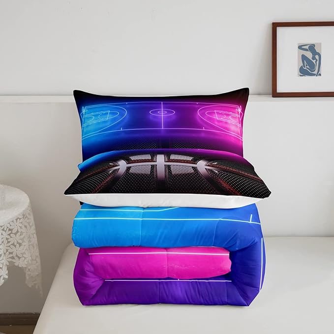 Erosebridal Sports Basketball Queen Comforter Set for Teen Boys Girls Neon Basketball Court Bedding Set,Ball Competitive Games Comforter Soft Lightweight Quilt Duvet Set 2 Pillow Cases Bedroom Decor