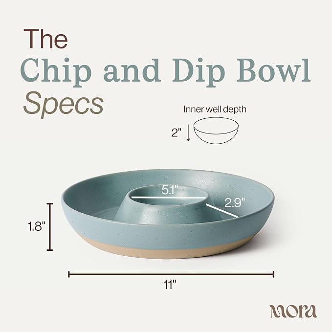 MORA Ceramic Chips and Dip Serving Tray: Large Divided Party Bowl Set for Chips & Salsa, Veggies & Dip, Fruit, Snacks, Entertaining, Hosting, etc. Minimalist Design for the Modern Hostess - Iris