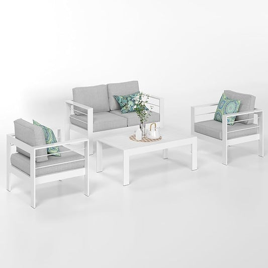 Solaste Outdoor Aluminum Furniture Set - 4 Pieces Patio Sectional Chat Sofa Conversation Set with Table,White