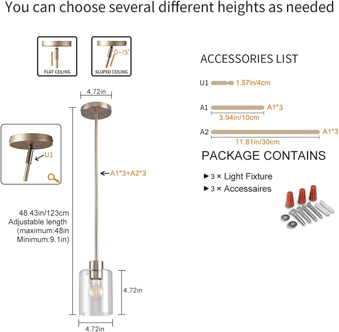 Brushed Nickel Pendant Lights Kitchen Island - Clear Glass Pendant Light Fixture Multiple Stems Rods 3 Units 12 Inch 3 Units 4 Inch (3 Pack Brushed Nickel)