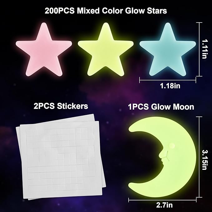 200 Glow in The Dark Stars for Ceiling - Glowing Stars and Moon Stickers Estrellas que brillan en la oscuridad para el techo de cuarto Plastic Space Galaxy Decals Bedroom Wall Decorations
