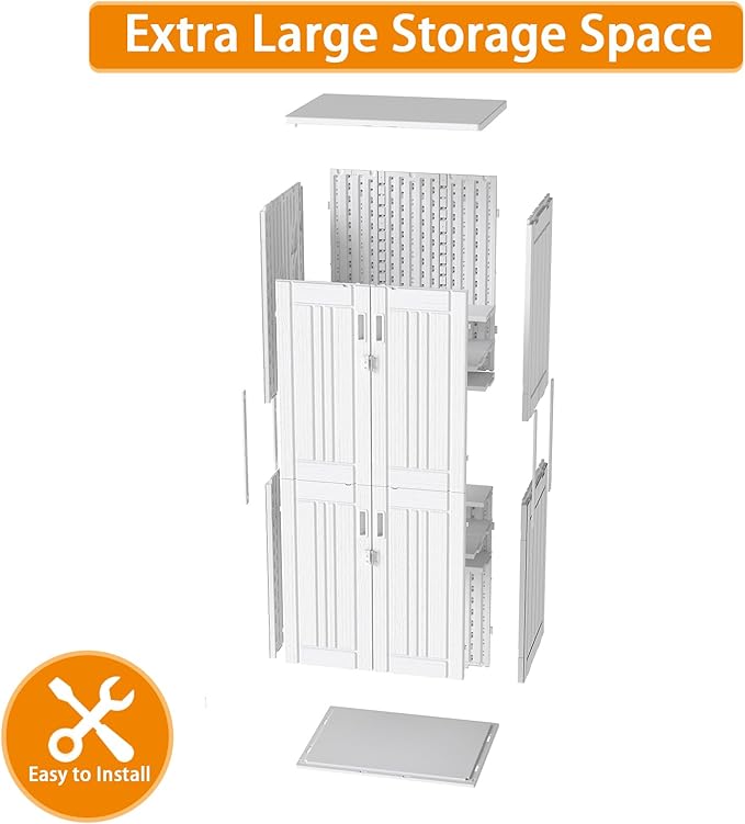 Outdoor Storage Cabinet with 4 Shelves,31.5" x 23.23" x 66.22" White Waterproof Shed,Waterproof Resin Vertical Tool Shed, Lockable 30 cu.ft. Storage Shed for Patio, Garden, Yard, White