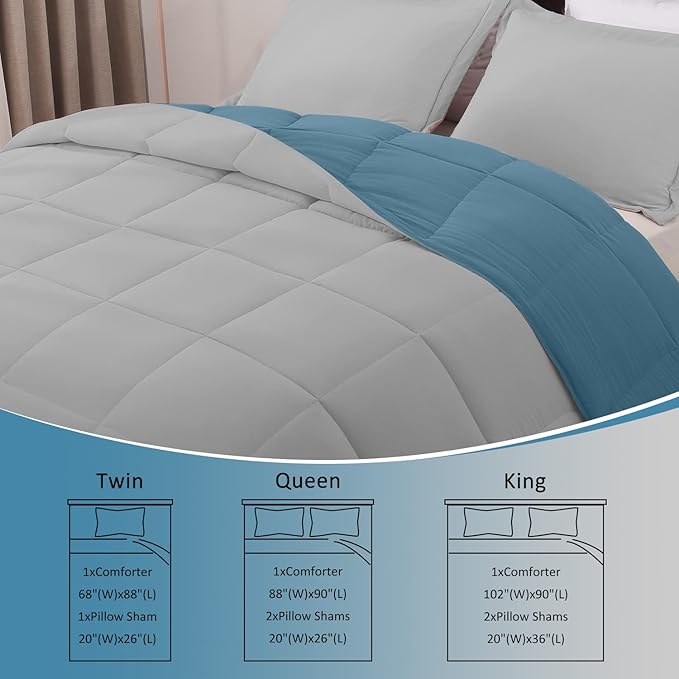 Basic Beyond King Size Comforter Set - Fluffy King Bed Comforter Set for All Seasons - Reversible Blue Comforter Set King - 3 Pieces (1 Comforter + 2 Pillow Shams) - Blue/Grey