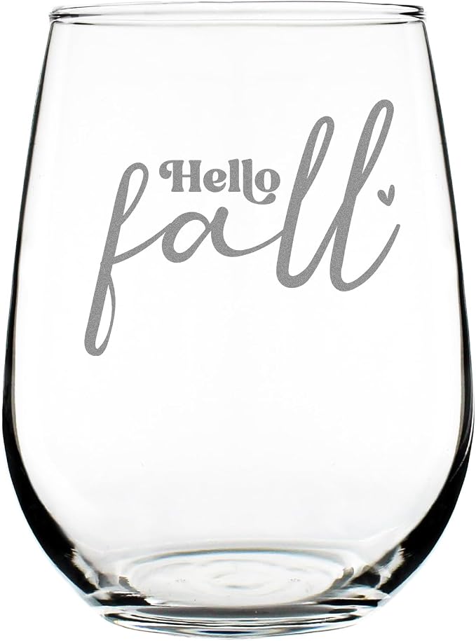 Hand Etched Hello Fall Stemless Wine Glass 17oz, Cozy Autumn Drinkware, Seasonal Glassware, Thanksgiving Hostess, Decor Accent