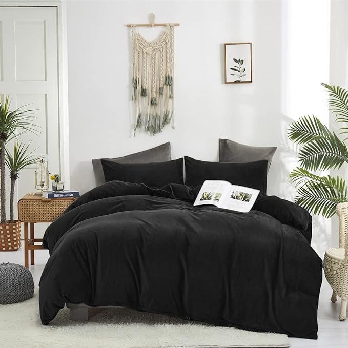 Wellboo Black Velvet Comforter Sets Queen Solid Black Fluffy Bedding Comforters Women Men Plain Dark Color Flannel Quilt Modern Minimalist All Black Comforters Queen Size Micromink Sherpa Plush Bed