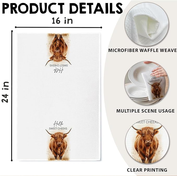 Highland Cow Farmhouse Hand Towels for Bathroom Kitchen Decor | Waffle Weave Microfiber Dish Towel Set | Hello Sweet Cheeks Farmhouse Cow Decorative - A01