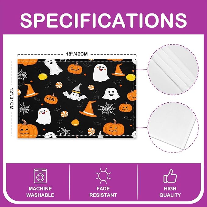 Feelyou Happy Halloween Placemats Set of 4 Cute Ghost Pumpkin Table Mats for Party Kitchen Dining Decoration Orange White Black Place Mat for Table Holiday Decor Indoor Outdoor 18"x12" Non-Slip