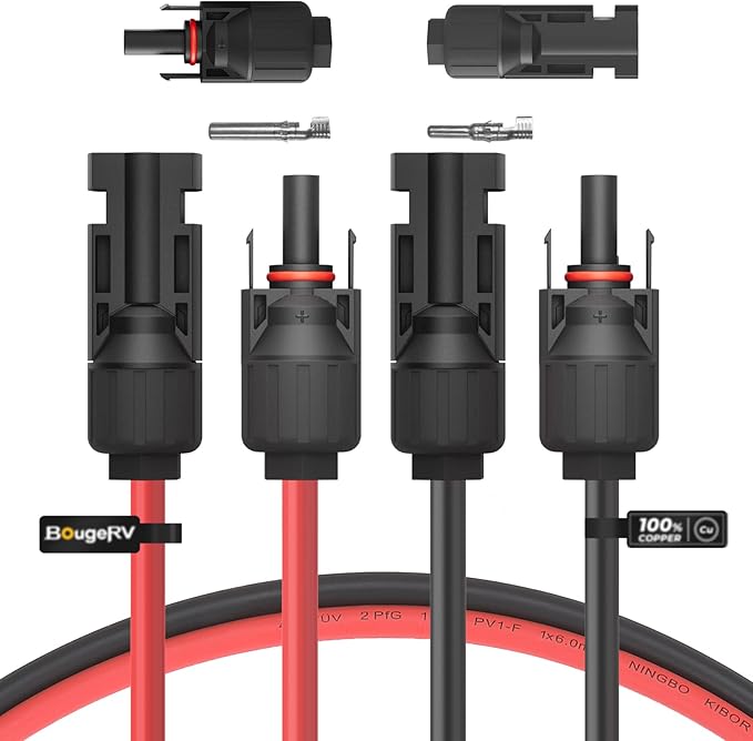 BougeRV 20 Feet 10AWG Solar Extension Cable with Solar Connector on Both End with Extra Pair of Connectors Solar Panel Adaptor Kit Tool (20FT Red + 20FT Black)