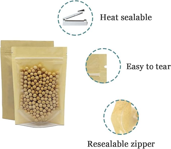 PABCK Clear Front Stand Up Kraft Paper Bags Resealable 3.9x5.9inch 200 Pcs | Stand Up Brown Paper Window Bag Zipper Lock Food Storage Bag for Coffee Snack Nuts Spice Seeds Crafts Packaging Heat Sealable
