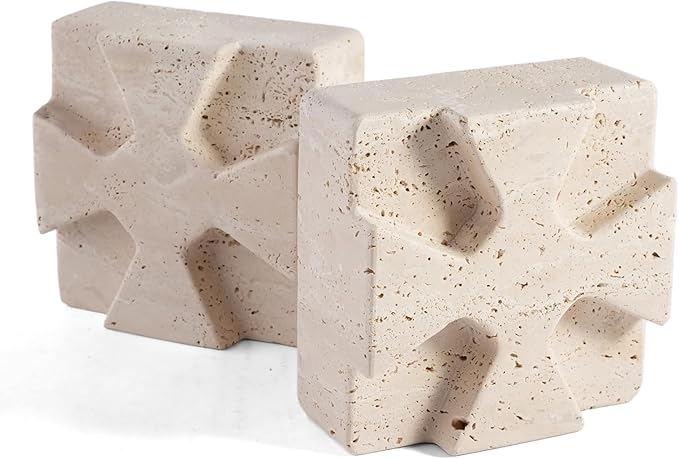 Natural Marble Bookends for Heavy Books, Heavy Duty Square Decorative Stone Book Ends for Shelves, Aesthetic Travertine Book Holder, Modern Office Bookshelf Stopper Decor, Beige, Set of 2