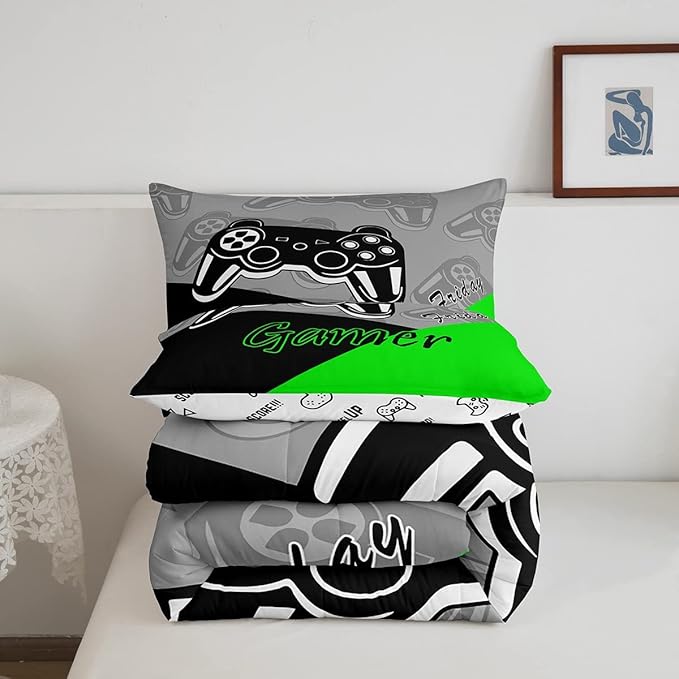 Feelyou Gamer Comforter Set Gaming Bedding Set for Teens Boys Video Game Decor Comforter Game Controller Quilted Duvet Set 1 Comforter with 2 Pillowcases Full Green