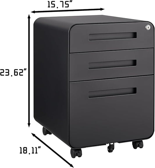 3 Drawer Mobile Desk Office with Lock and Wheels,Versatile Storage Cabinets w/Anti-Tilting Cold Rolled Steel Waterproof Moisture-Proof,for Legal/Letter/A4 Files,Black