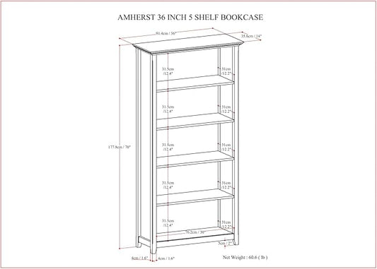 SIMPLIHOME Amherst SOLID WOOD Transitional 5 Shelf Bookcase for The Living, Study Room and Office, 36 inch, Hickory Brown
