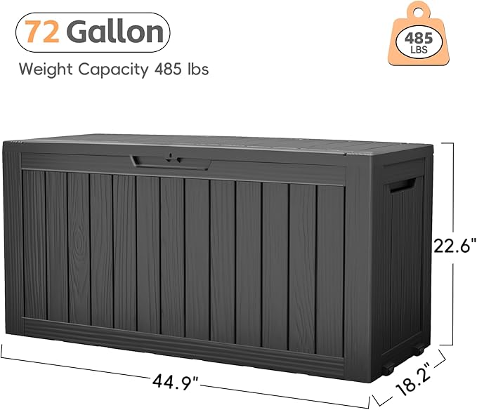 Outdoor Storage Box, 72 Gallon Waterproof Resin Deck Box, Storage Bin for Package Delivery, Patio Furniture Cushion, Garden Tools, Pool Accessories, Weatherproof and UV Resistant, Black