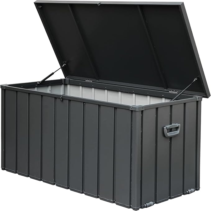 LANTRO JS 150 Gallon Metal Deck Box, Outdoor Storage Box Waterproof with Wheels, Lockable Storage Container for Patio Furniture Cushions Garden Tools, Dark Gray