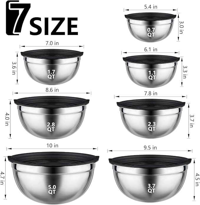 Leidawn Mixing Bowls with Lids set - 25 PCS Stainless Steel Nesting Black Mixing Bowls Set for Baking, Mixing, Serving & Prepping, Size 5, 3.7, 2.8, 2.3, 1.7, 1.1, 0.7QT, 11 Cooking