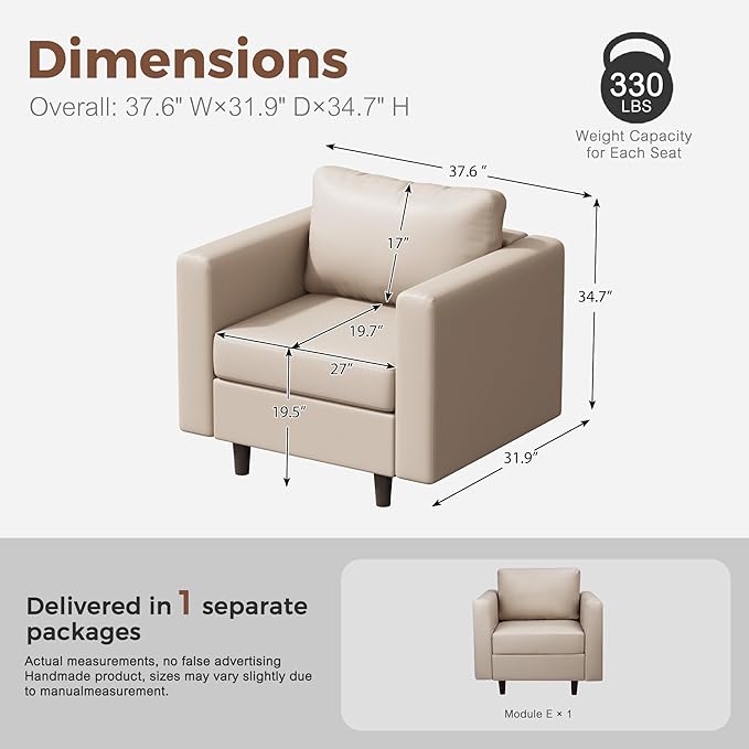 ABCASA Faux Leather Single Sofa, Modern Accent Chair Whitesand with Storage Deep Seat Large Reading Armchair for Living Room Bedroom Office