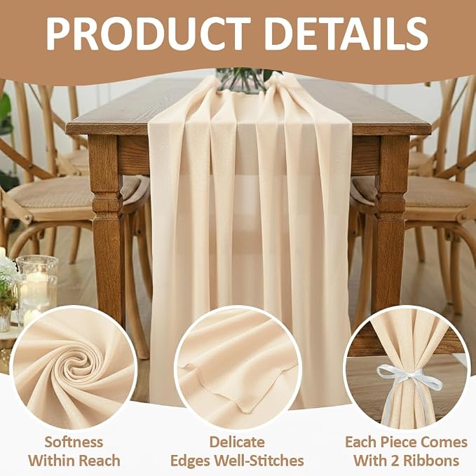 Pack of 5 | Champagne Gold | 10ft Chiffon Table Runner 29x120 Inches Long Romantic Rustic Sheer Gauze Runner for Wedding Bridal Shower Birthday Banquets Engagement Spring Easter Boho Decorations