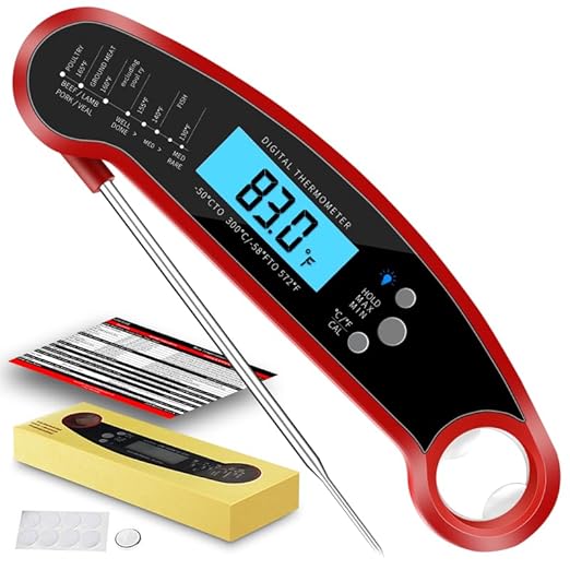 Cooking Thermometer,IP67 Waterproof Digital Meat Thermometer with Backlight, Calibration & Hold Function,Food Thermometer for Cooking,Outdoor Grilling,Candy Making