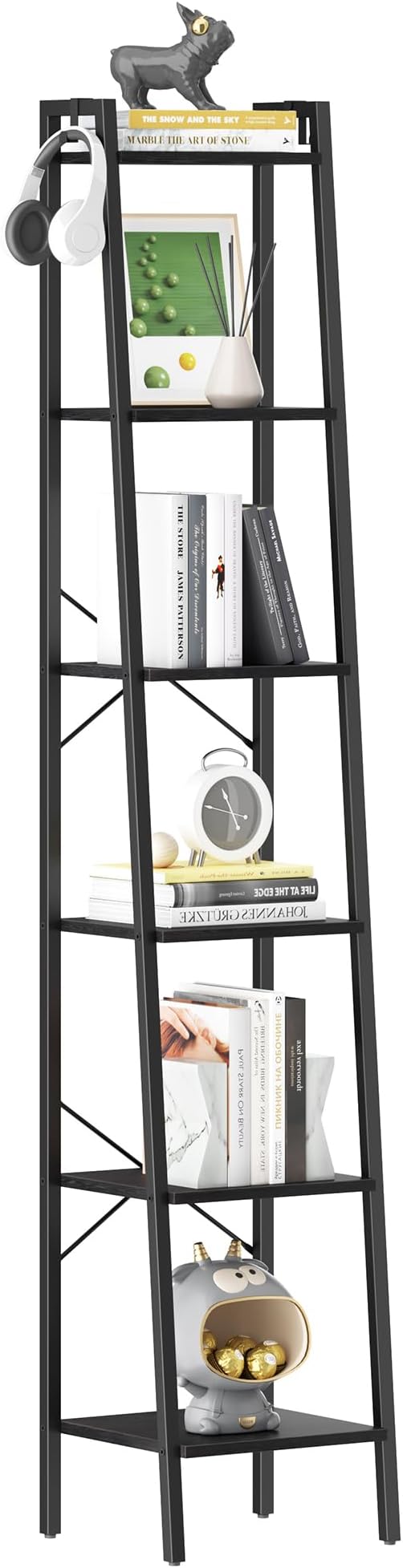 Ladder Shelf, Bookshelf Bookcase, Freestanding Corner Storage Shelve with 2 Hooks for Home Office, Living Room, Kitchen, Bedroom, Industrial, 6-Tier Black BC13304B