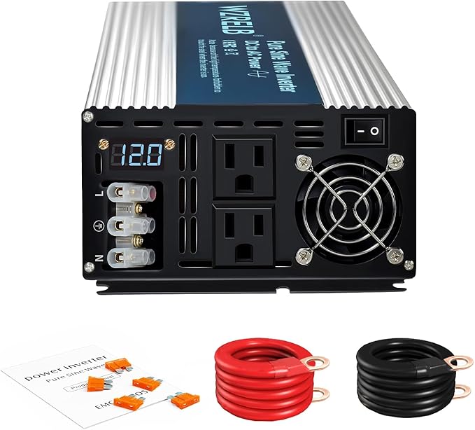 WZRELB 3500W Pure Sine Wave Inverter 12V DC to 110V 120V AC Power Converter with LED Display, Hardwire Terminal,Off-Grid Portable Power Inverter with Dual AC Outlets for Home, RV, Truck, Camping