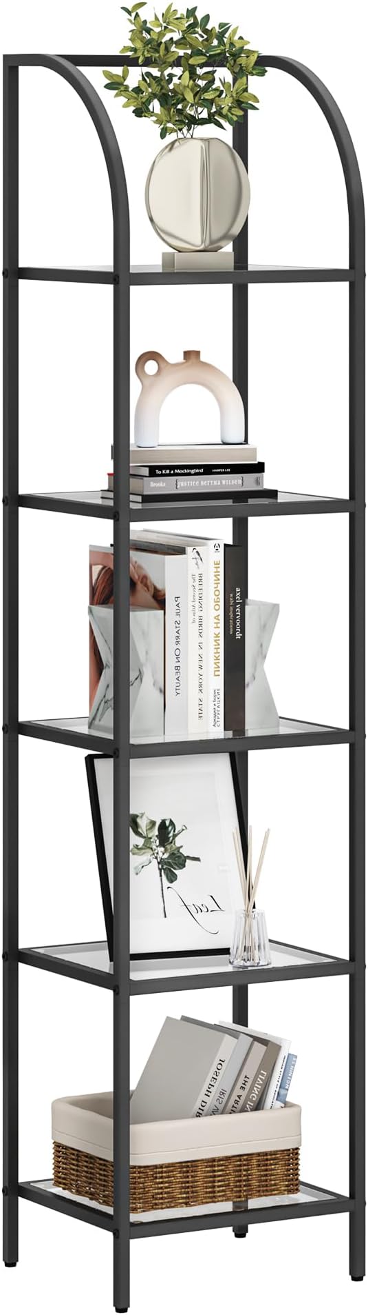 Bookcase Bookshelf, Tempered Glass Arched Bookshelf for More Storage, Slim Shelving Unit for Bedroom, Bathroom, Home Office, Steel Frame, 5 Tier Black BC20599B