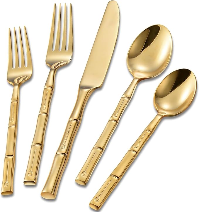 Gold 20-Piece Silverware Set, Bamboo Pattern Stainless Steel Flatware Set, Cutlery Set Mirror Polished, Dishwasher Safe, Service for 4