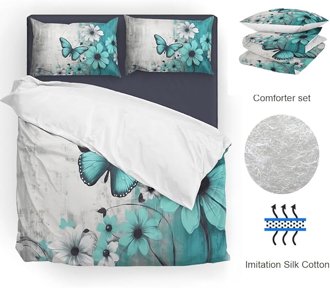 Butterfly Flowers Comforter Sets Full Size, Vintage Floral Butterfly Kids Bedding Sets for girls Teens 3 Piece Bedroom Decor
