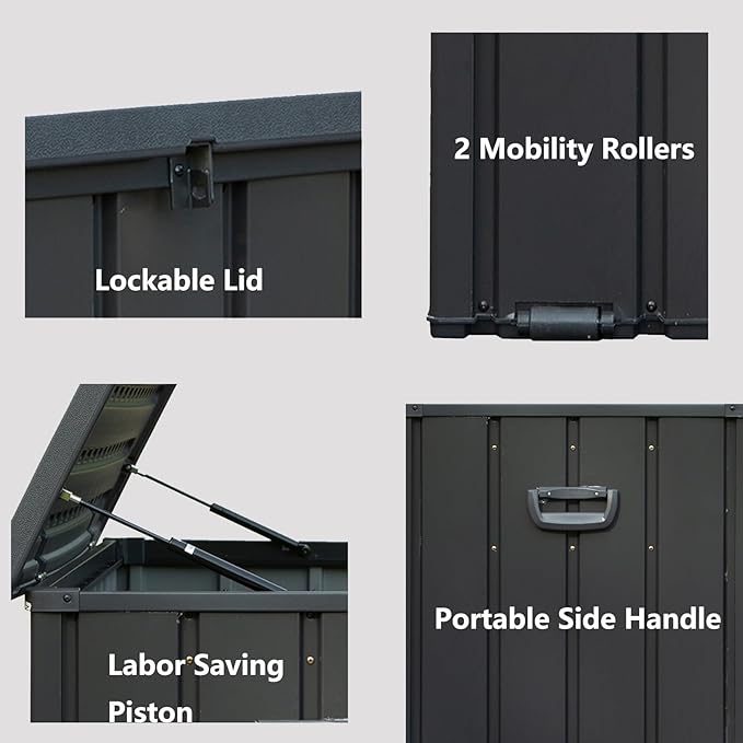 CHUNLY 100 Gallon Outdoor Waterproof Deck Box with Lockable Resin Lid, Storage Bench w/Mobility Rollers, All-weather Patio Storage Box for Outside Furniture Cushions, Garden Tools (Dark Gray)