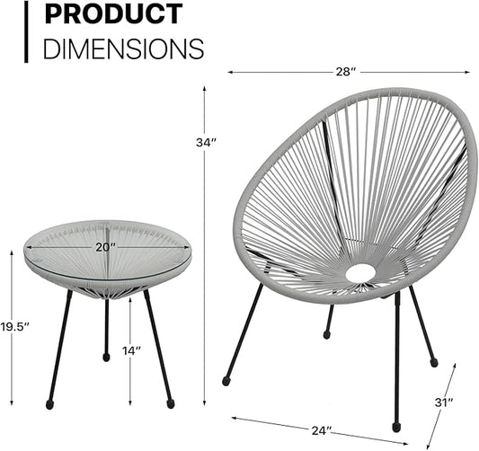 MoNiBloom 3 Piece Outdoor Seating Acapulco Chair, Modern Patio Furniture Outdoor Conversation Set, Glass Top Table and 2 Metal Steel Chairs for Garden Poolside Balcony, Weight Capacity 250 lbs, Grey