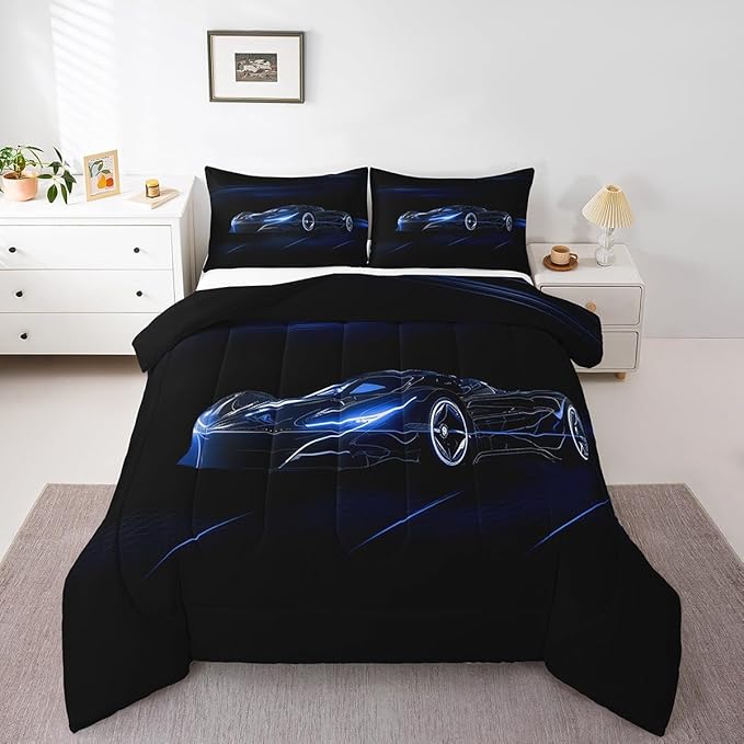 Feelyou Blue Race Car Bedding Set Twin Size for Kids Boys Extreme Sport Games Comforter Set Teens Toddler Fast and Furious Duvet Set Cool Modern Quilt Set 2Pcs