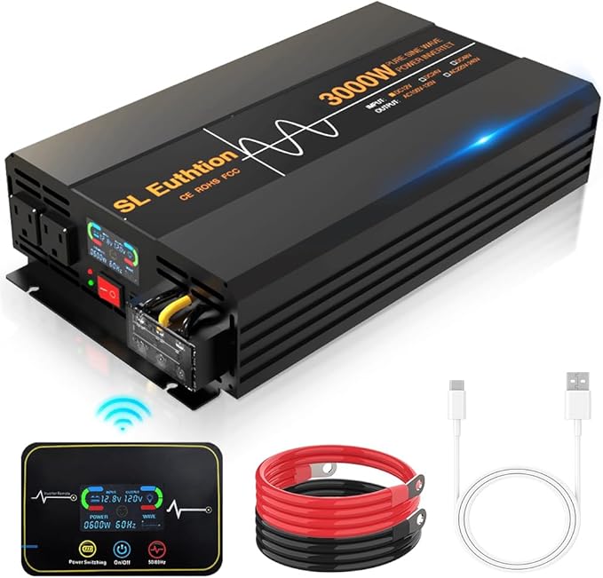 3000W/6000W(Peak) Pure Sine Wave Car Power Inverter 12V DC to 120V AC 60HZ with LCD Display, USB Port, Wireless Remote Control(10M) for Car Home Laptop Truck