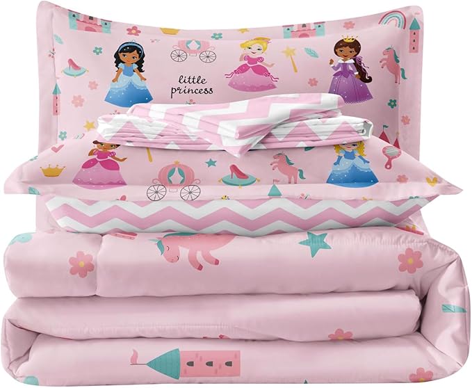 Kids Magical Princess Comforter Set Bed in a Bag Full Size- 5 Piece Soft Cute Castle Bedding Set for Girls (1 Comforter, 1 Flat Sheet, 1 Fitted Sheet, 2 Pillowcases), Pink